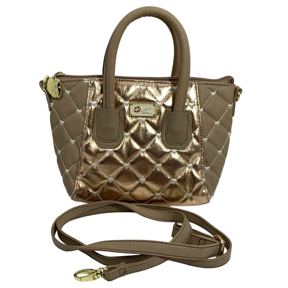 Betsey Johnson Taupe Gold Quilted Heart Embroidered Mini Shoulder Bag w/ Strap